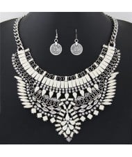 Fluorescent Color Resin Gems and Rhinestone Combined Floral Pattern Fashion Necklace and Earrings Set - White