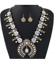 Turquoise Embellished Bohemian Floral Fashion Necklace and Earrings Set - Copper and White