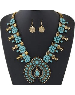 Turquoise Embellished Bohemian Floral Fashion Necklace and Earrings Set - Copper and Blue
