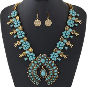 Turquoise Embellished Bohemian Floral Fashion Necklace and Earrings Set - Copper and Blue