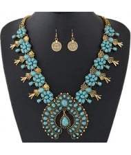 Turquoise Embellished Bohemian Floral Fashion Necklace and Earrings Set - Copper and Blue