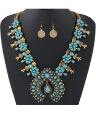 Turquoise Embellished Bohemian Floral Fashion Necklace and Earrings Set - Copper and Blue