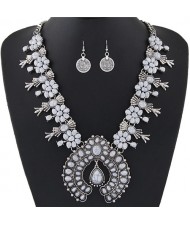 Turquoise Embellished Bohemian Floral Fashion Necklace and Earrings Set - Silver and White