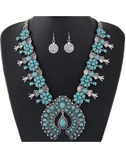 Turquoise Embellished Bohemian Floral Fashion Necklace and Earrings Set - Silver and Blue