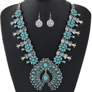 Turquoise Embellished Bohemian Floral Fashion Necklace and Earrings Set - Silver and Blue