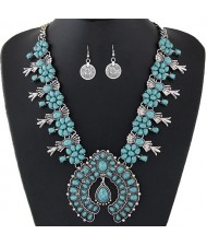 Turquoise Embellished Bohemian Floral Fashion Necklace and Earrings Set - Silver and Blue