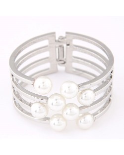 Elegant Pearls Decorated Hollow Alloy Fashion Bangle - Silver
