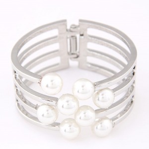 Elegant Pearls Decorated Hollow Alloy Fashion Bangle - Silver