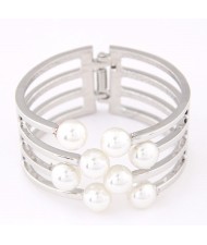 Elegant Pearls Decorated Hollow Alloy Fashion Bangle - Silver