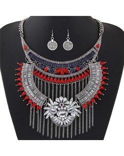 Acrylic Gem and Alloy Arch and Tassel Design Statement Fashion Necklace and Earrings Set - Silver and Red