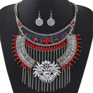 Acrylic Gem and Alloy Arch and Tassel Design Statement Fashion Necklace and Earrings Set - Silver and Red