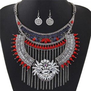 Acrylic Gem and Alloy Arch and Tassel Design Statement Fashion Necklace and Earrings Set - Silver and Red