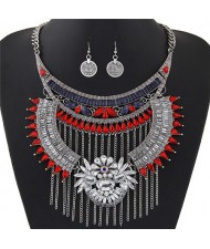Acrylic Gem and Alloy Arch and Tassel Design Statement Fashion Necklace and Earrings Set - Silver and Red
