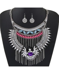 Acrylic Gem and Alloy Arch and Tassel Design Statement Fashion Necklace and Earrings Set - Silver and White