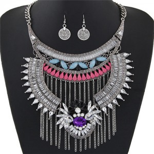 Acrylic Gem and Alloy Arch and Tassel Design Statement Fashion Necklace and Earrings Set - Silver and White