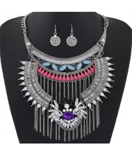 Acrylic Gem and Alloy Arch and Tassel Design Statement Fashion Necklace and Earrings Set - Silver and White