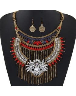 Acrylic Gem and Alloy Arch and Tassel Design Statement Fashion Necklace and Earrings Set - Copper and Red