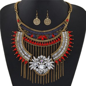 Acrylic Gem and Alloy Arch and Tassel Design Statement Fashion Necklace and Earrings Set - Copper and Red