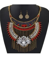 Acrylic Gem and Alloy Arch and Tassel Design Statement Fashion Necklace and Earrings Set - Copper and Red