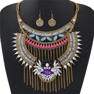 Acrylic Gem and Alloy Arch and Tassel Design Statement Fashion Necklace and Earrings Set - Copper and White