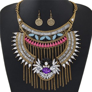 Acrylic Gem and Alloy Arch and Tassel Design Statement Fashion Necklace and Earrings Set - Copper and White