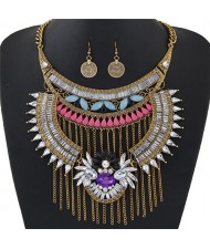 Acrylic Gem and Alloy Arch and Tassel Design Statement Fashion Necklace and Earrings Set - Copper and White