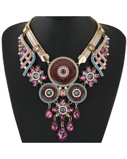 Gem and Floral Rounds Combo Design Golden Snake Chain Fashion Necklace - Pink