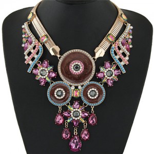 Gem and Floral Rounds Combo Design Golden Snake Chain Fashion Necklace - Pink