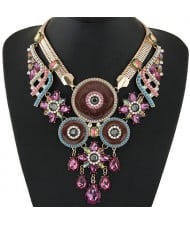Gem and Floral Rounds Combo Design Golden Snake Chain Fashion Necklace - Pink