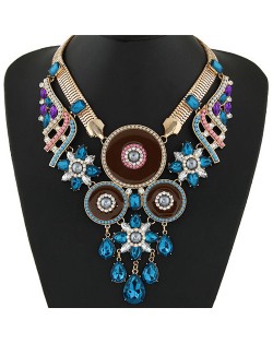 Gem and Floral Rounds Combo Design Golden Snake Chain Fashion Necklace - Blue