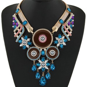 Gem and Floral Rounds Combo Design Golden Snake Chain Fashion Necklace - Blue