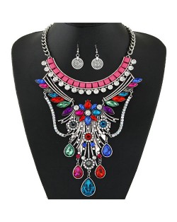 Peacock Flaunting Tail Pattern Design Statement Fashion Necklace and Earrings Set - Silver