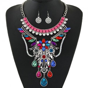 Peacock Flaunting Tail Pattern Design Statement Fashion Necklace and Earrings Set - Silver