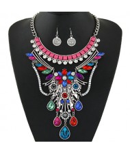 Peacock Flaunting Tail Pattern Design Statement Fashion Necklace and Earrings Set - Silver