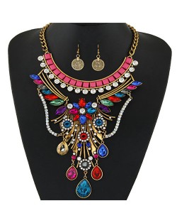 Peacock Flaunting Tail Pattern Design Statement Fashion Necklace and Earrings Set - Copper