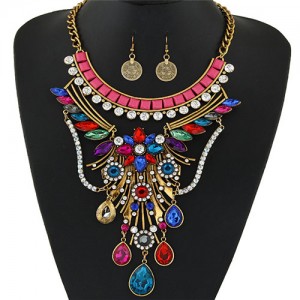 Peacock Flaunting Tail Pattern Design Statement Fashion Necklace and Earrings Set - Copper