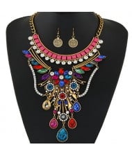 Peacock Flaunting Tail Pattern Design Statement Fashion Necklace and Earrings Set - Copper