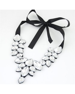 Graceful Acrylic Gem Attached Cloth Rope Bowknot Fashion Necklace - White