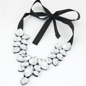 Graceful Acrylic Gem Attached Cloth Rope Bowknot Fashion Necklace - White
