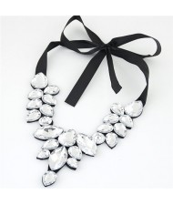 Graceful Acrylic Gem Attached Cloth Rope Bowknot Fashion Necklace - White