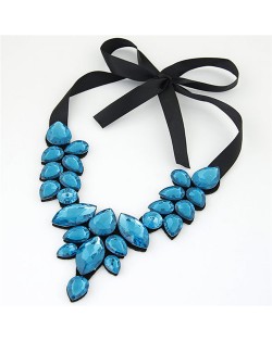 Graceful Acrylic Gem Attached Cloth Rope Bowknot Fashion Necklace - Blue