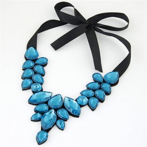 Graceful Acrylic Gem Attached Cloth Rope Bowknot Fashion Necklace - Blue