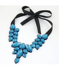 Graceful Acrylic Gem Attached Cloth Rope Bowknot Fashion Necklace - Blue