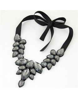 Graceful Acrylic Gem Attached Cloth Rope Bowknot Fashion Necklace - Gray