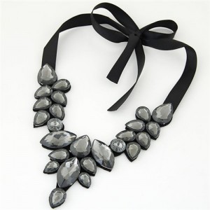 Graceful Acrylic Gem Attached Cloth Rope Bowknot Fashion Necklace - Gray