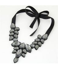 Graceful Acrylic Gem Attached Cloth Rope Bowknot Fashion Necklace - Gray