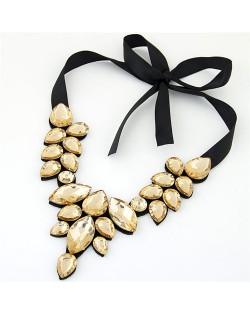 Graceful Acrylic Gem Attached Cloth Rope Bowknot Fashion Necklace - Champagne