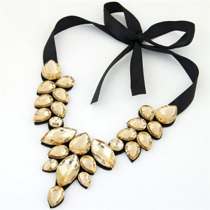 Graceful Acrylic Gem Attached Cloth Rope Bowknot Fashion Necklace - Champagne