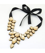 Graceful Acrylic Gem Attached Cloth Rope Bowknot Fashion Necklace - Champagne