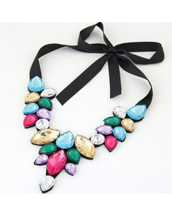 Graceful Acrylic Gem Attached Cloth Rope Bowknot Fashion Necklace - Multicolor